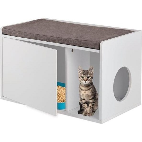 Meuble à litière pour chat avec banc