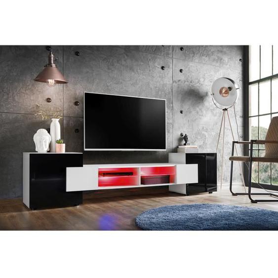 Meuble Banc TV Merano Version 2 Komodee - avec eclairage LED RGB - Blanc et Noir - 230 x 53 x 35 cm