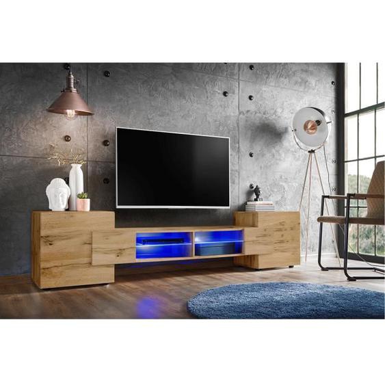 Meuble Banc TV Merano Version 2 Komodee - LED Bleues - Bois naturel Mat et Bois naturel - 230 x 53 x 35 cm