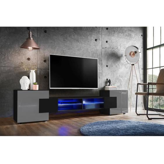 Meuble Banc TV Merano Version 2 Komodee - LED Bleues - Gris Brillant et Noir - 230 x 53 x 35 cm