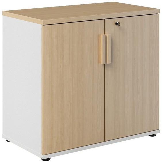 Meuble bas 2 portes gamme Arya - Serrure - H.75 cm - Portes Chêne / Côté Blanc