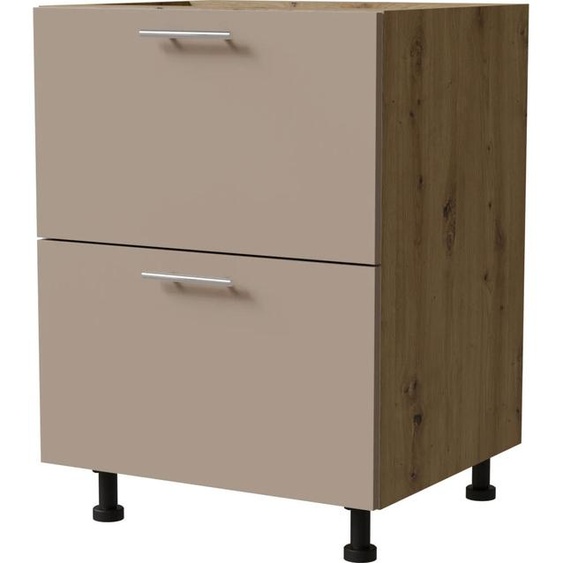 Meuble bas à tiroirs BRERRA 60 cm HETTICH, tiroirs à extension totale, couleur au choix BR-D2A/60/1A, RAL 1016 gris-beige mat, chêne Artisan
