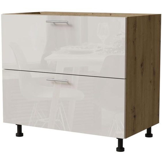 Meuble bas à tiroirs BRERRA 90 x 82 cm, laqué, finition au choix : BR-D2 - 90, RAL 9001 crème brillant, chêne Artisan, HETTICH InnoTech Atira (tiroirs à sortie totale)
