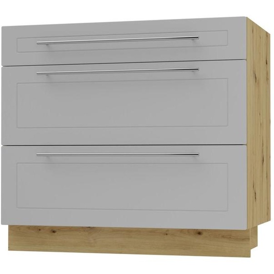 Meuble bas à tiroirs KVANTUM, tiroir à sortie partielle 90 cm, couleur du corps et de la façade au choix (Q-D3M/90), gris poussière mat, chêne artisan