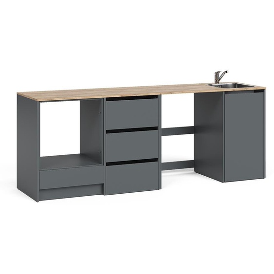Meuble bas de cuisine Vicco Viktor Anthracite/Chêne doré avec évier et robinet, Model 63447