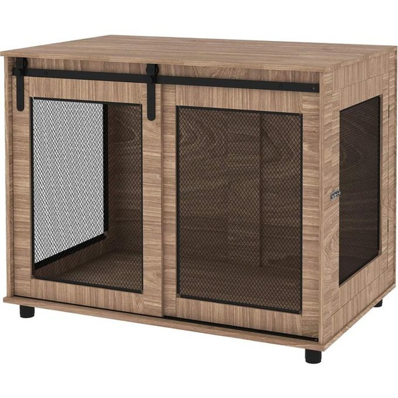 Meuble cage pour chien, box pour chien avec 2 portes verrouillables, table dappoint pour la maison, niche pour grands chiens de moins de 30 kg, acier, 98 x 60 x 78 cm, noyer |