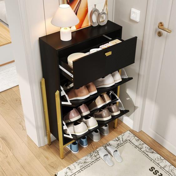 Meuble chaussures 1Tiroir Rangement 2 Abattants Double Niveau Design moderne Meuble dentrée 65x25x120,5cm Noir