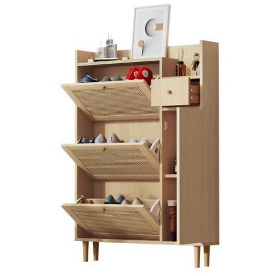 Meuble à chaussures - EKESOR - Armoire en rotin naturel - 3 portes - 1 tiroir - Style Scandinave