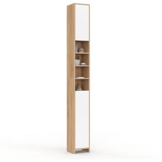 Meuble colonne salle de bain TOMI 2 portes 4 niches façon hêtre et blanc