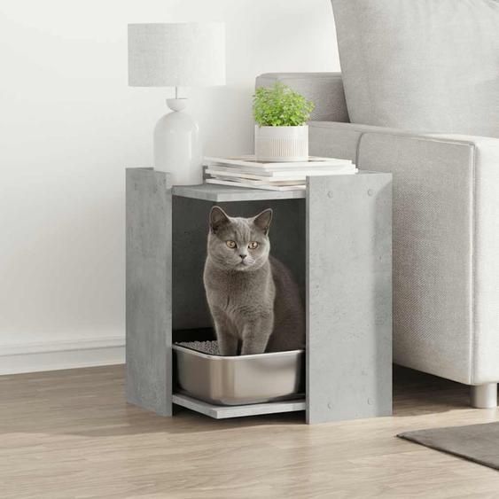 Meuble de bac à litière pour chat gris béton bois dingénierie