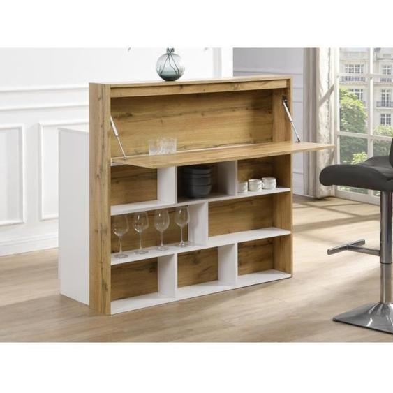 Meuble de bar avec 2 portes et 1 tiroir en MDF - Blanc et Naturel - LAMONIA