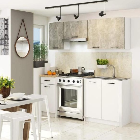 Meuble de cuisine droit 180 cm VERMINA - béton / blanc