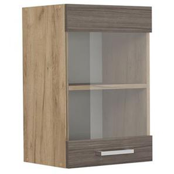 Meuble de cuisine haut vitré R-Line, 40cm, Gris noble, Chêne de force doré, Vicco