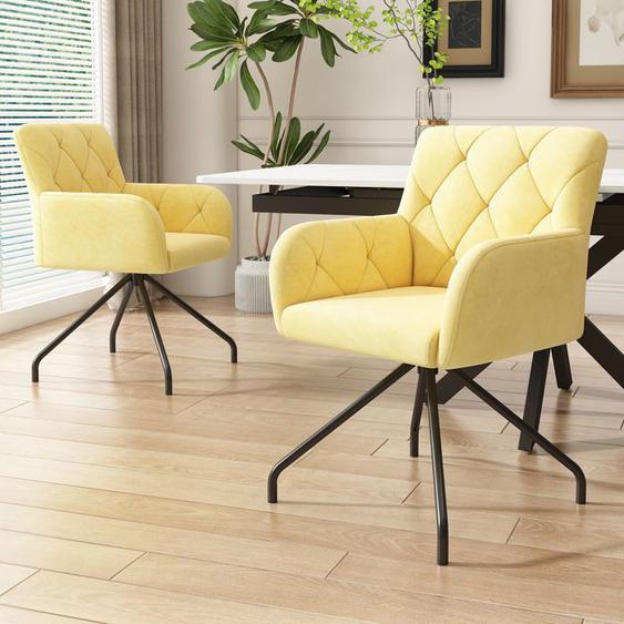 Ensemble de 2 chaises de salle à manger avec motif en losange,avec 4 pieds en métal,en éponge et velours, jaune clair