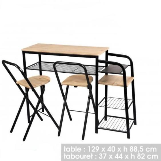 Meuble de Cuisine Table Bar 5 Etagères Avec 2 Tabourets Pliable 129 x 40 x H.88.5 cm