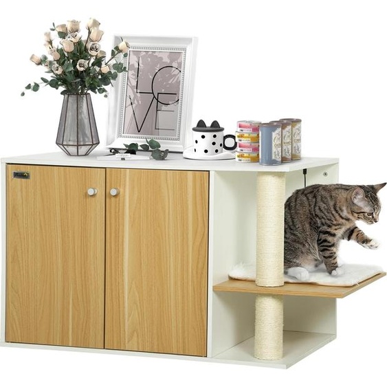 Meuble de litière - Armoire à litière - Centre de jeux - Coussin et balle - Porte latérale - Pieds antidérapants - 94×48×50,5 cm - Chêne et blanc