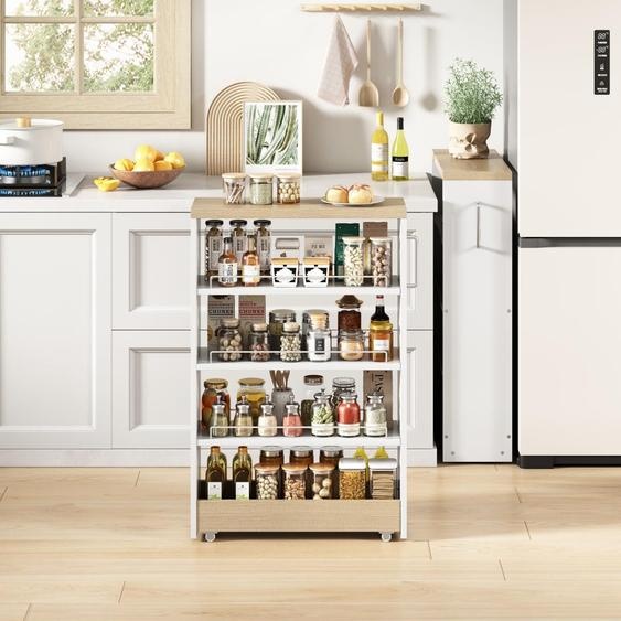 Meuble de niche élancé sur roulettes, 12 cm de profondeur. Meuble de cuisine étroit blanc aspect bois avec 4 étagères réglables, 55 x 12 x 85 cm. Meuble à roulettes pour cuisine ou salle de bains