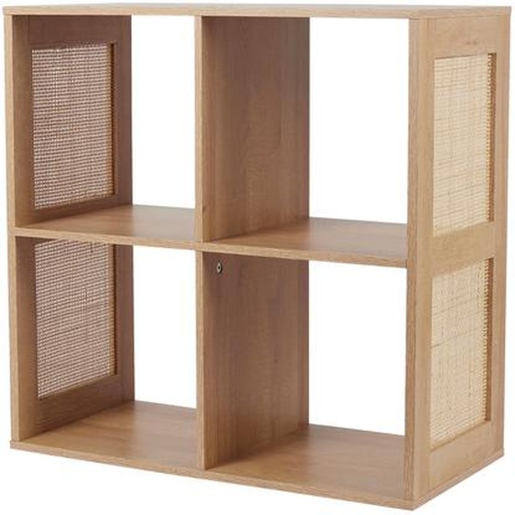 Meuble de rangement 4 cases, bois et rotin -