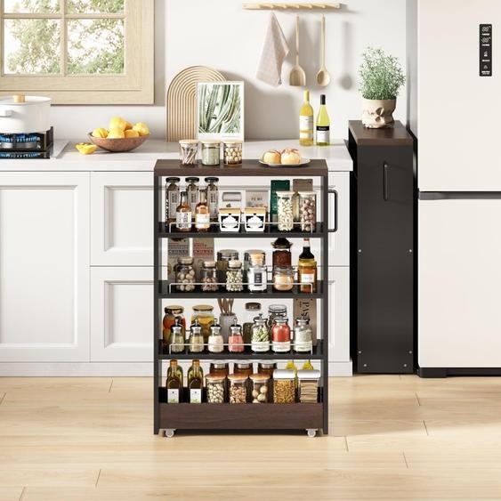 Meuble de rangement compact sur roulettes, 20 cm de largeur. Meuble de cuisine noir et marron aspect bois, 4 étagères réglables, 55 x 20 x 85 cm. Meuble à roulettes pour cuisine ou salle de bains