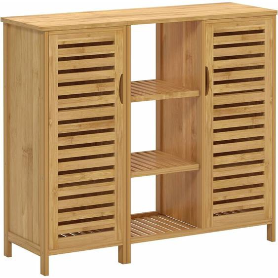 Meuble de Rangement en Bambou, Armoire de Salle de Bain avec 3 Étagères et 2 Portes à Persiennes, pour Salle à Manger, Salon, Cuisine, 100 x 33 x 87