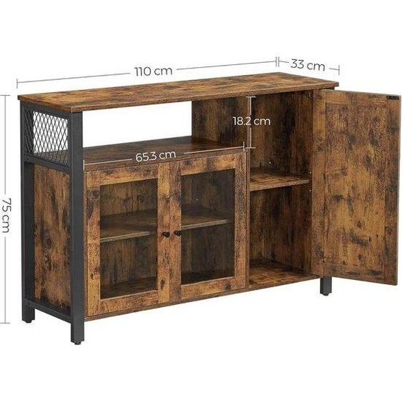 Meuble de rangement industriel à 3 portes - 110 x 33 x 75 cm - Marron vintage et noir