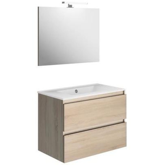 Meuble de salle de bain 2 tiroirs BAZIL Ã©clairage LED 6 W et miroir - couleur chÃªne - 80 x 58 x 46 cm