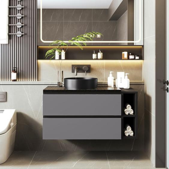 Meuble de Salle de Bain 80 cm - Meuble Sous-Vasque + Lavabo - Design Moderne - Armoire de Salle de Bain Noir+Gris