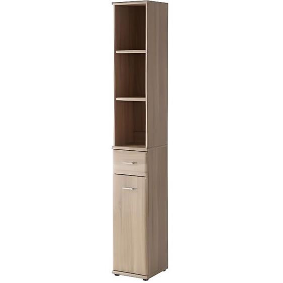 Meuble de salle de bain - ARMARIO - Rangement colonne - Chêne - 3 niches ouvertes, tiroir et porte