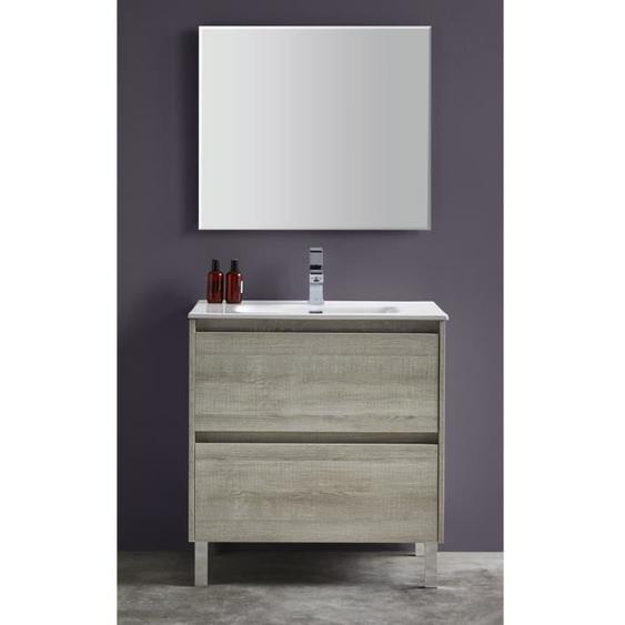 Meuble de salle de bain avec 2 tiroirs couleur bois vintage avec plan moulé + miroir - Longueur 60 x Hauteur 85 x Profondeur 46 cm