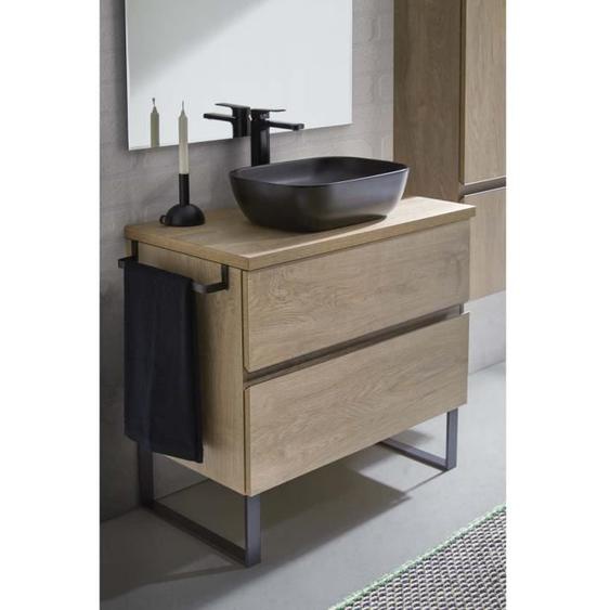 Meuble de salle de bain avec 2 tiroirs couleur chêne nordique + vasque à poser + miroir - Longueur 80 x Hauteur 87,5 x Profondeur