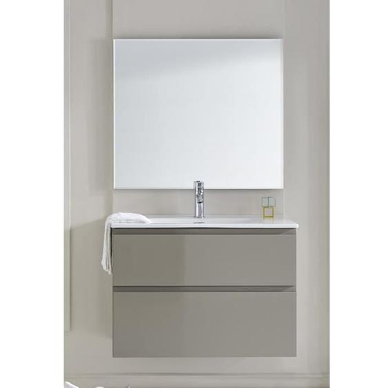 Meuble de salle de bain avec 2 tiroirs suspendus taupe brillant avec plan moulé + miroir - Longueur 80 x Hauteur 56 x Profondeur 46