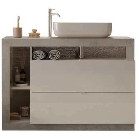 Meuble de salle de bain avec une vasque et 2 tiroirs, collection BURA. Coloris blanc brillant et béton