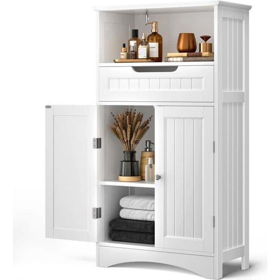 Meuble de salle de bain BEALIFE avec 1 tiroir, 2 portes et étagère réglable en panneaux MDF blanc