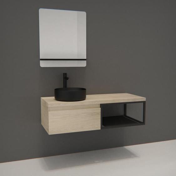 Meuble de salle de bain bois et métal avec vasque noire et miroir WILL Bois Clair