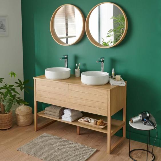 Meuble de Salle De Bain Chêne 120 cm + 2 Miroirs ronds 60 cm + 2 Vasques rondes blanches 37 cm Bois Clair