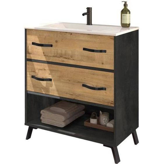 Meuble de salle de bain coloris effet marbre - chêne doré  - Hauteur 88 x Longueur 81 x Profondeur 47 cm