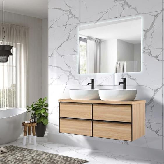 Meuble de salle de bain double vasque 120cm chêne clair avec miroir led - LuxuryBain