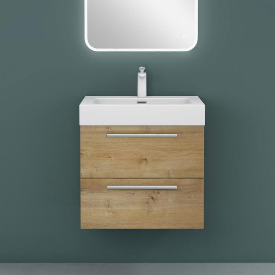 Meuble de Salle de Bain MAI & MAI® Marron Clair 60cm - Meuble sous Vasque Quadratto Suspendu avec 2 Tiroirs