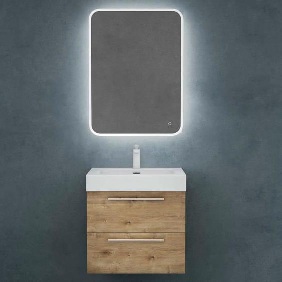 Meuble de Salle de Bain Marron Clair 60cm - MAI & MAI - Quadratto - Tiroirs - LED Anti-buée - MDF