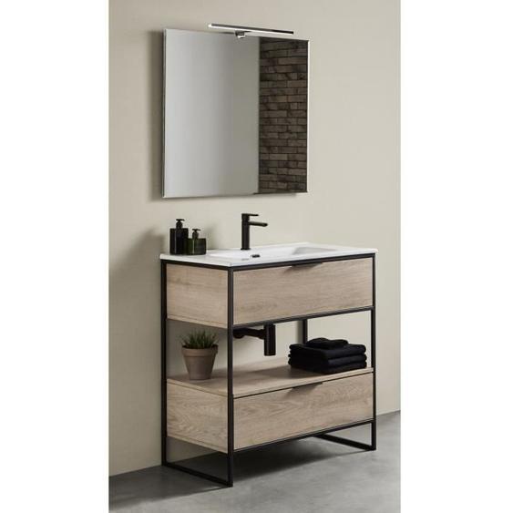 Meuble de salle de bain Memphis avec 2 tiroirs chêne nordique avec plan moulé + miroir - L.60 x H.85 x P.46 cm