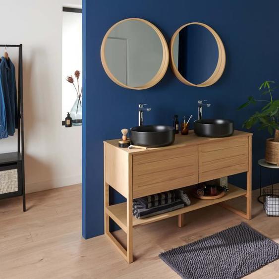 Meuble de Salle De Bain - MOB-IN - ATOLL - Chêne Clair - 2 Miroirs Ronds 60cm - 2 Vasques Rondes Noires 37cm