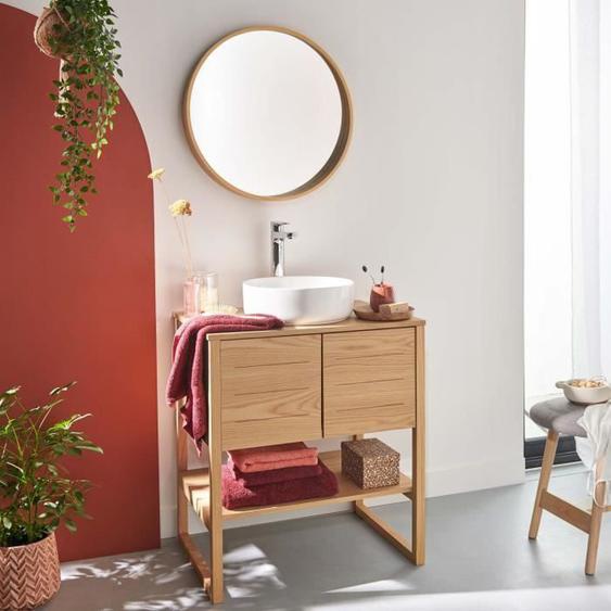 Meuble de Salle De Bain - MOB-IN - ATOLL - Chêne naturel - Vasque blanche - Miroir rond