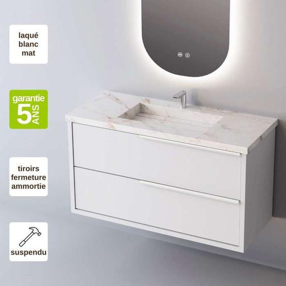 Meuble de salle de bain plan vasque Grès Cérame Blanc Storm, 2 Tiroirs Poignée Inox Satiné, l80xh54xp45, Laqué Blanc Mat, LIKE