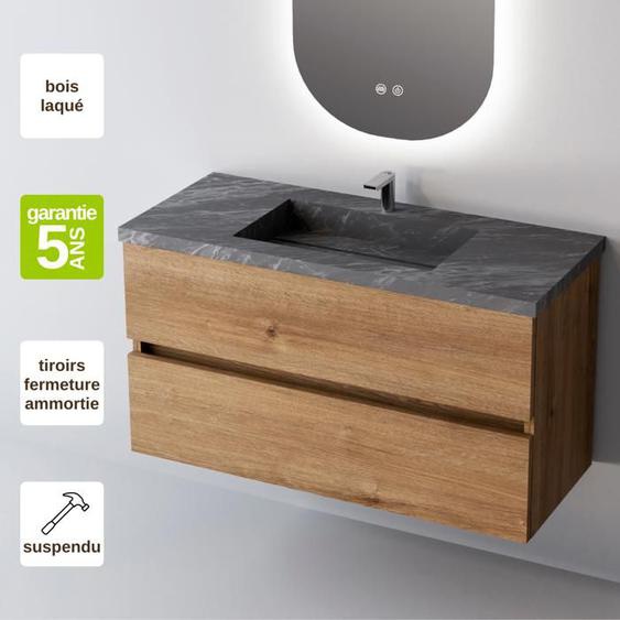 Meuble de salle de bain plan vasque Grès Cérame Noir Allure, 2 Tiroirs,l80xh54xp45, Chêne Naturel, ANCONA