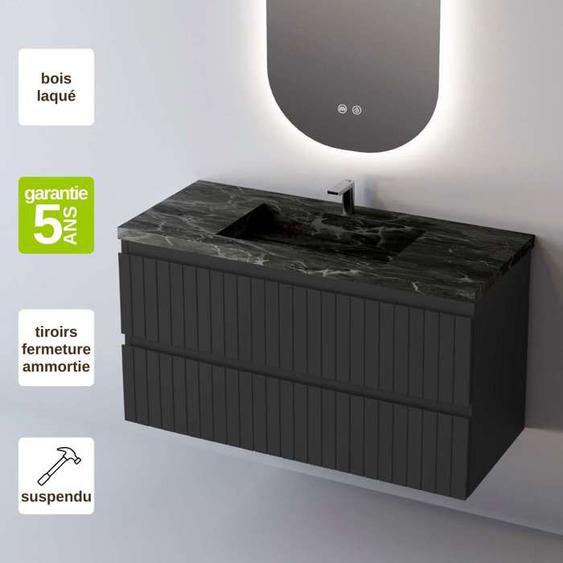 Meuble de salle de bain plan vasque Grès Cérame Noir Allure, 2 Tiroirs,l80xh54xp45, Laqué Noir Mat, GLOW