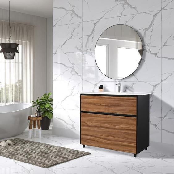 Meuble de salle de bain simple vasque 100cm sur pied noir et bois avec miroir - LUXURY BAIN