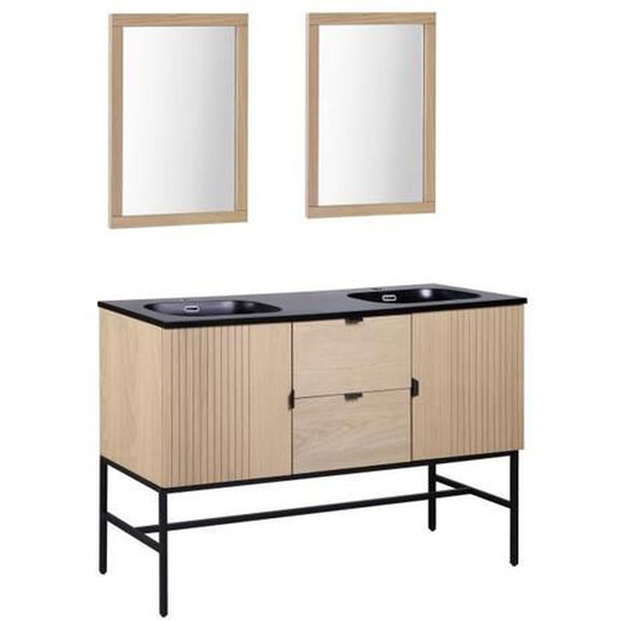 Meuble de salle de bain sur pieds 140 cm STUDIO avec vasque et miroirs carrés Bois clair Bois Clair
