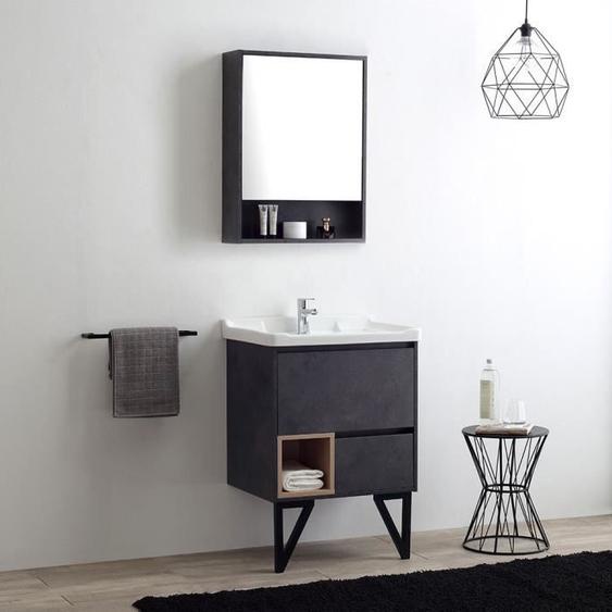 Meuble de salle de bain sur pieds moderne - Vienna - Gris industriel - 60cm - Lavabo et miroir-armoire