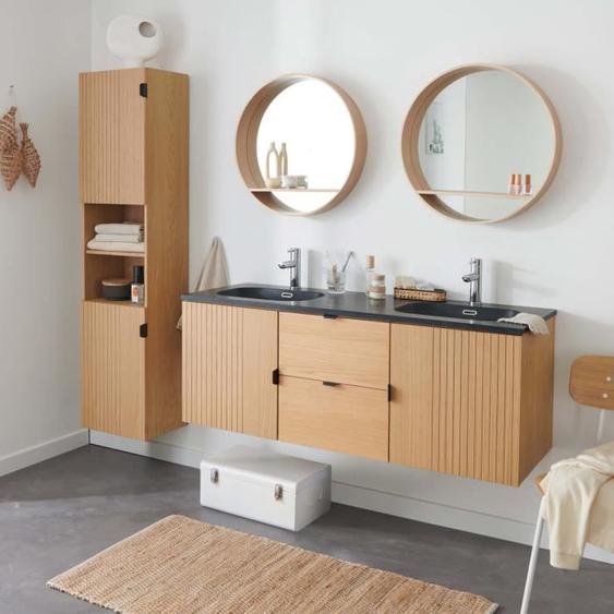Meuble de salle de bain suspendu 140 cm STUDIO avec vasque, colonne et miroirs ronds Bois Clair