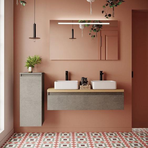 Meuble de salle de bain suspendu 2 vasques à poser 120cm 1 tiroir façon Béton - Hudson